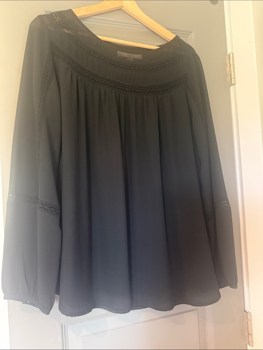 LOFT Black Crochet Yoke Long Sleeve Blouse